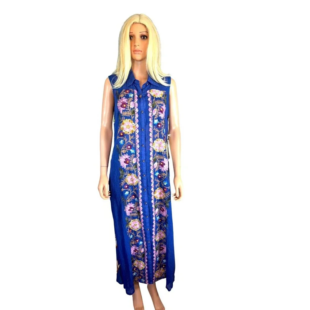 NWT Aratta Adonis Blue Embroidered Maxi Duster Shirt Dress S $228 Boho Festival - Picture 5 of 17